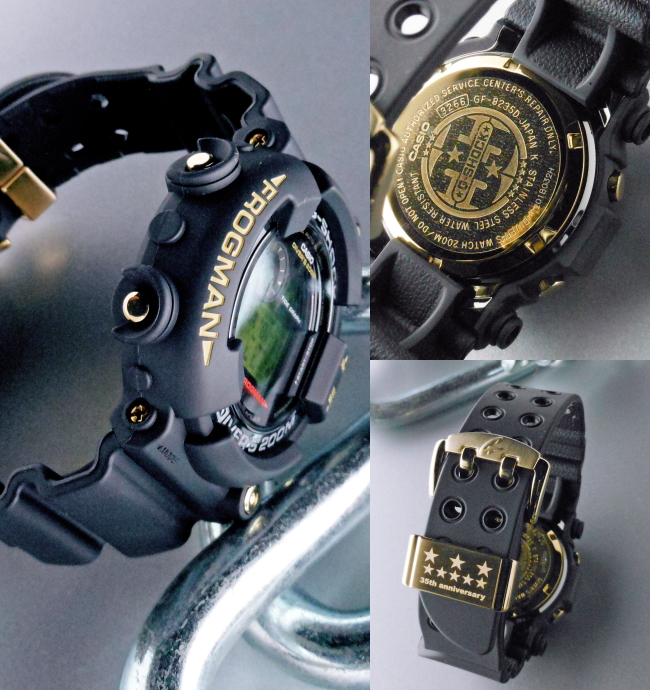 【35周年記念モデル】 CASIO
G-SHOCK GF-8235D-1BJR 　 樹脂 タフソーラー 腕時計　2018年４月発売　生産終了　限定モデル　FROGMAN　フロッグマン　ブラック×ゴールド　シンプル　カジュアル　メンズ　松山久万ノ台店