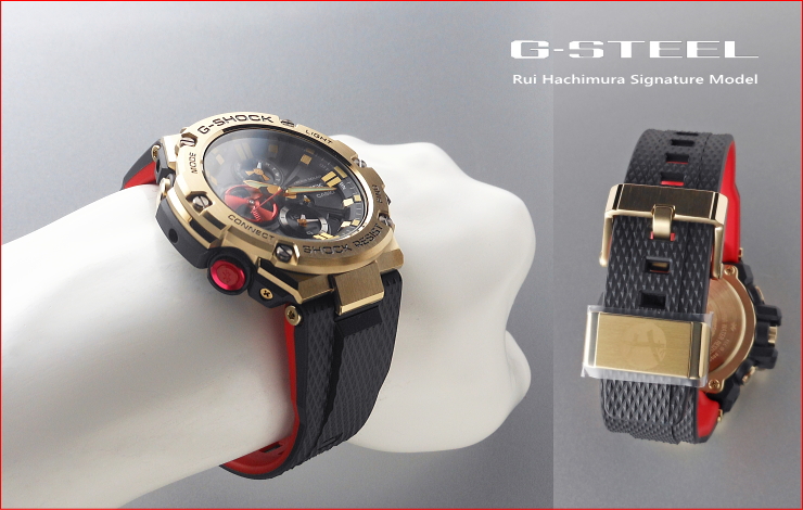 GST-B100RH-1AJR「Gショック」Ｇ-スチール/八村塁シグネチャーモデルの装着イメージ画像とバンド尾錠、メタル遊革画像