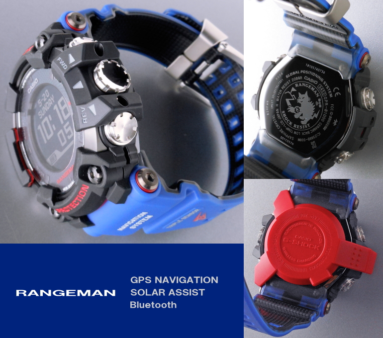 Gショック「レンジマン」GPR-B1000TLC-1JRの側面と裏蓋、ワイヤレス充電器の画像
